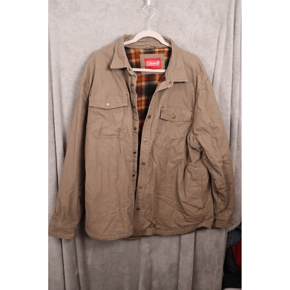 Coleman Mens XL Tan Canvas Plaid Fleece Lined Snap Front Shirt Jacket WPL 12902
